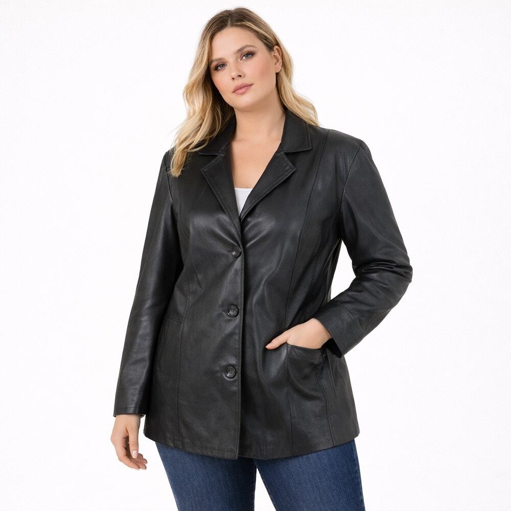 San Piel Leather House Size L Genuine Leather Blazer Jacket Black Button Front